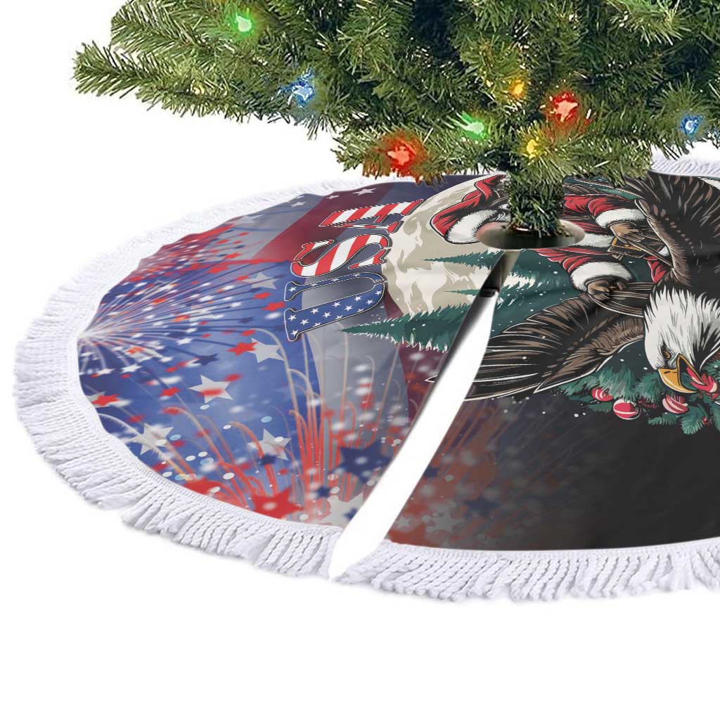 Folded round black Christmas tree skirt with USA eagle Santa and white fringed trim