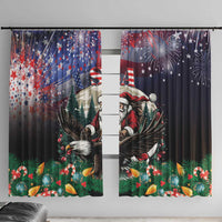 Pair of Christmas window curtain panels with Santa and eagle, fireworks and stars