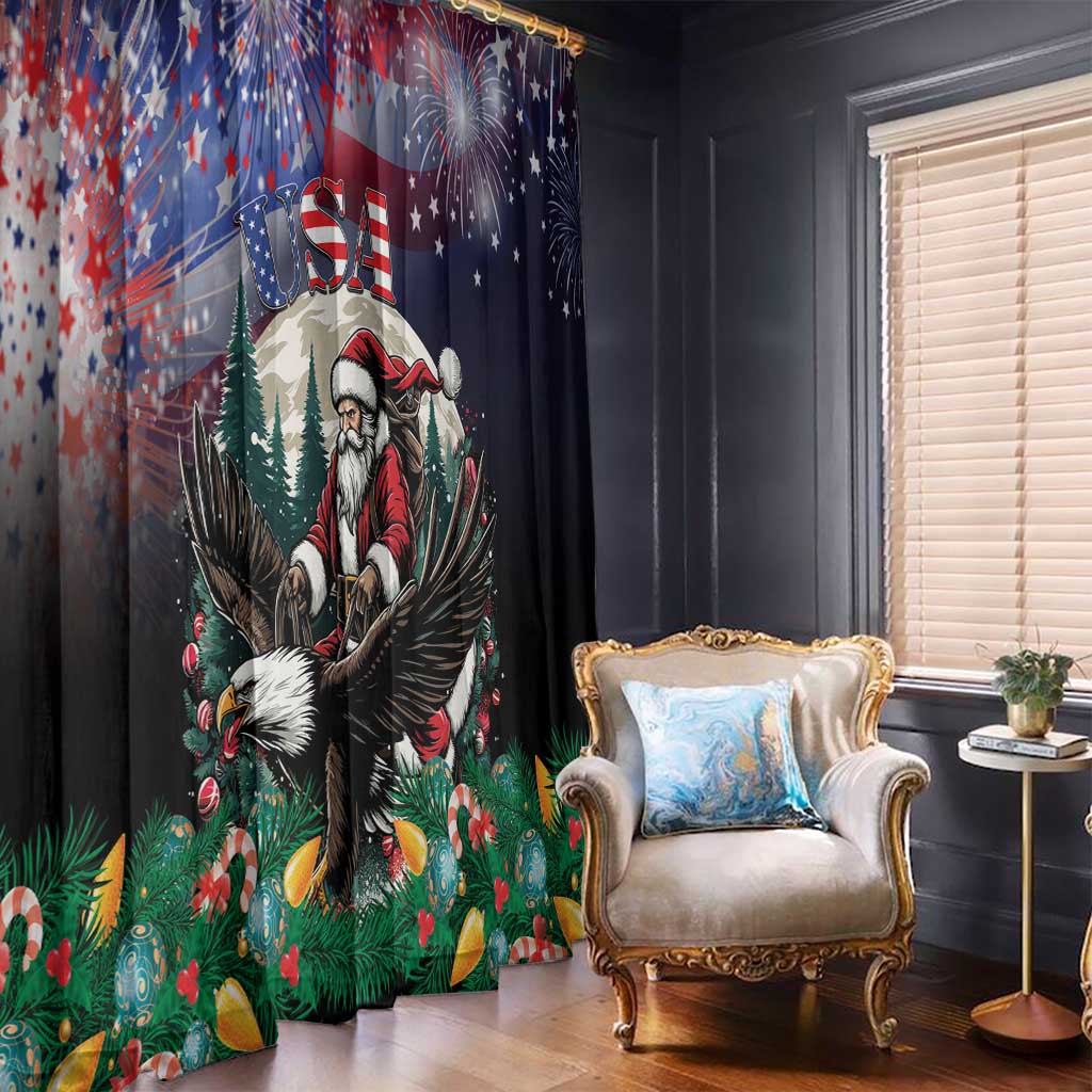 Christmas curtain panel showing Santa on an eagle with stars and fireworks