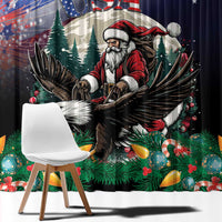 Close-up Christmas curtain with Santa riding an eagle over trees and ornaments