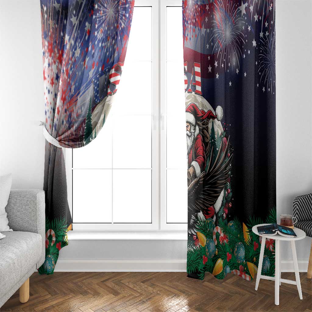 Christmas window curtain panels with Santa and eagle, hung on a curtain rod