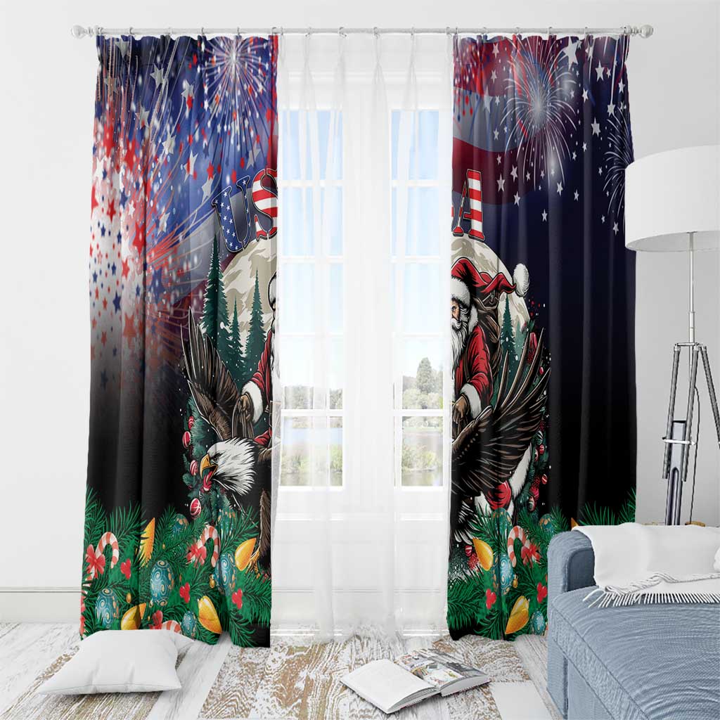 Christmas window curtain panels featuring Santa, eagle, fireworks, and starry stripes