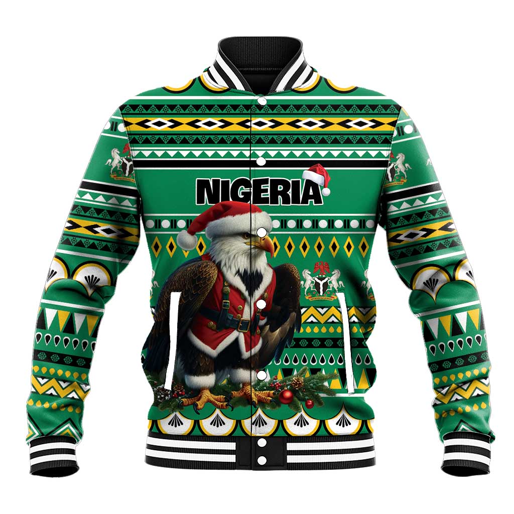 Unisex green baseball jacket with eagle and Santa, geometric African pattern, ribbed stripes
