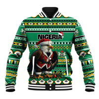 Unisex green baseball jacket with eagle and Santa, geometric African pattern, ribbed stripes