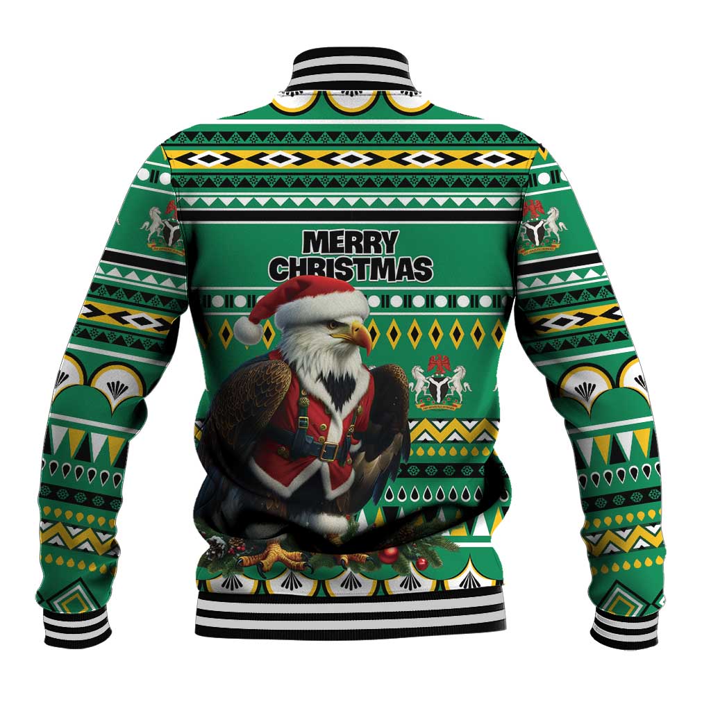 Unisex green baseball jacket back with 'Merry Christmas' and eagle, geometric African pattern