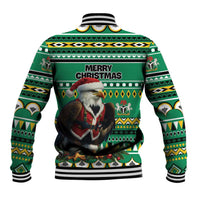Unisex green baseball jacket back with 'Merry Christmas' and eagle, geometric African pattern