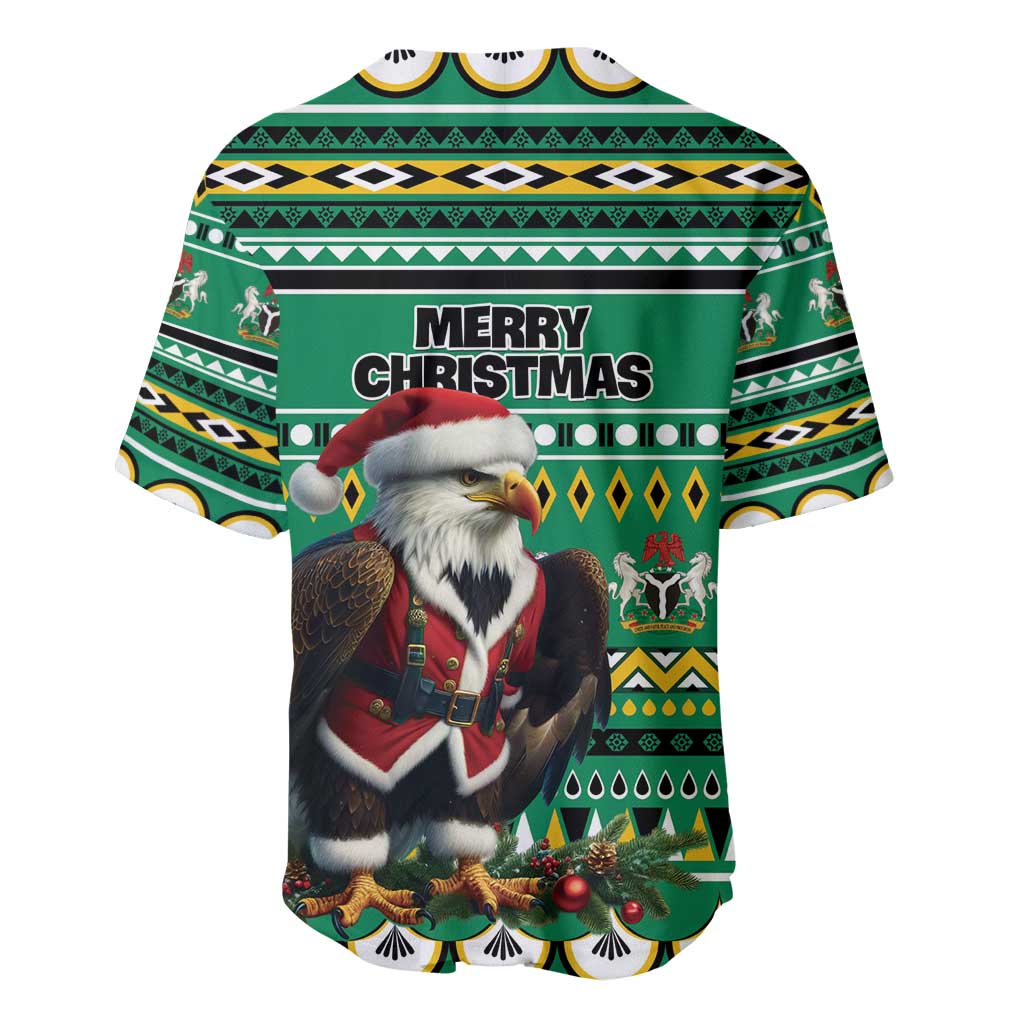 Green Christmas baseball jersey with Merry Christmas print, eagle-and-Santa graphic, patterned trim