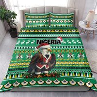 Green bedding set with Nigeria text, eagle-Santa print, and tribal geometric patterns