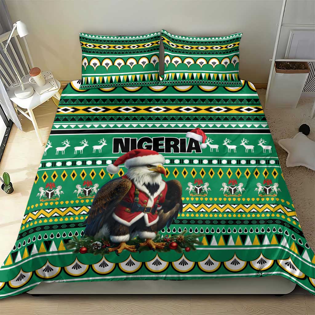 Green bedding set with Nigeria lettering and eagle-Santa print on comforter and pillowcases