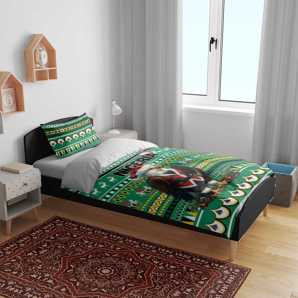 Green bedding set with eagle-Santa artwork and Nigeria lettering on duvet and matching pillow