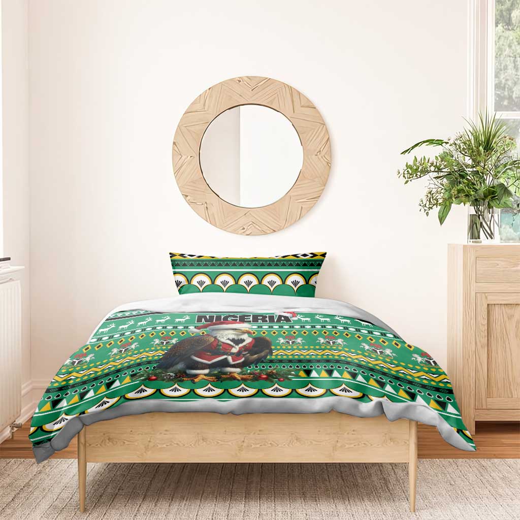 Green bedding set with eagle-Santa artwork and Nigeria text on duvet, with matching pillowcases
