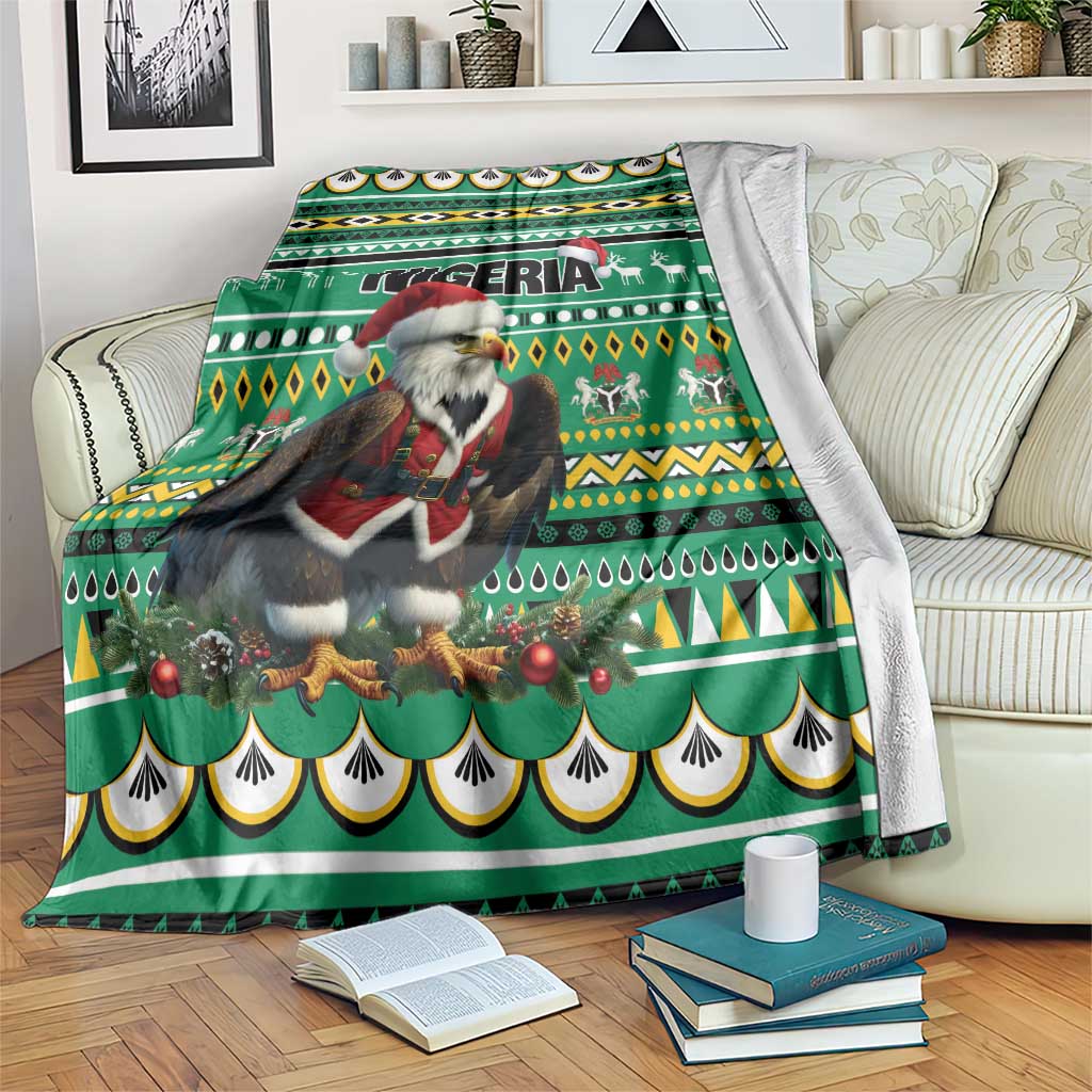 Green Nigeria-themed Christmas blanket with Santa eagle and tribal pattern border