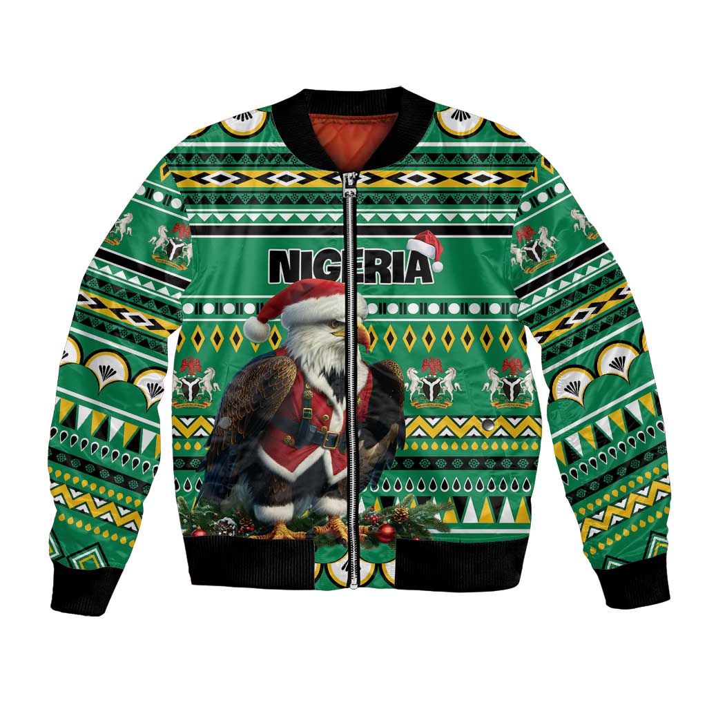 Green unisex bomber jacket with Nigeria text, eagle and Santa festive print