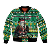Green unisex bomber jacket with Nigeria text, eagle and Santa festive print