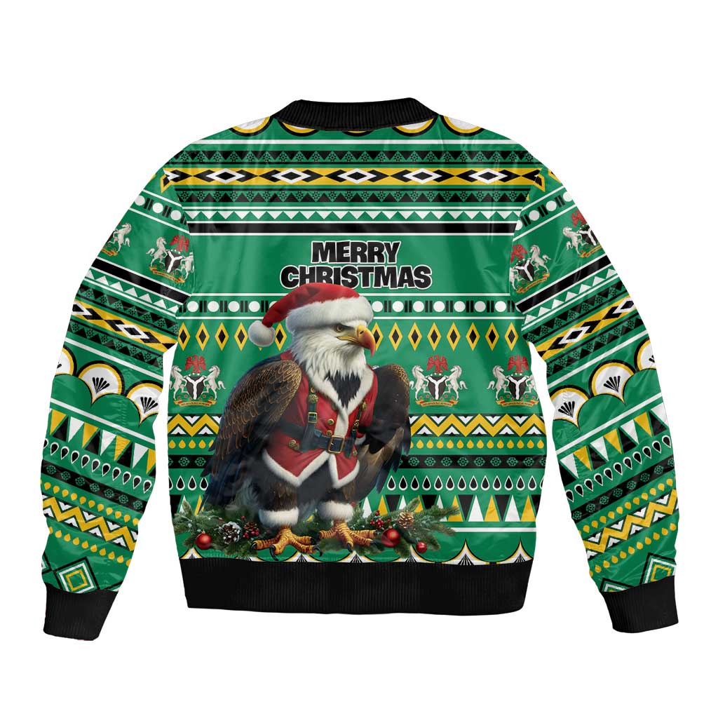 Green unisex bomber jacket with Merry Christmas text, eagle and Santa festive print