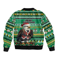 Green unisex bomber jacket with Merry Christmas text, eagle and Santa festive print