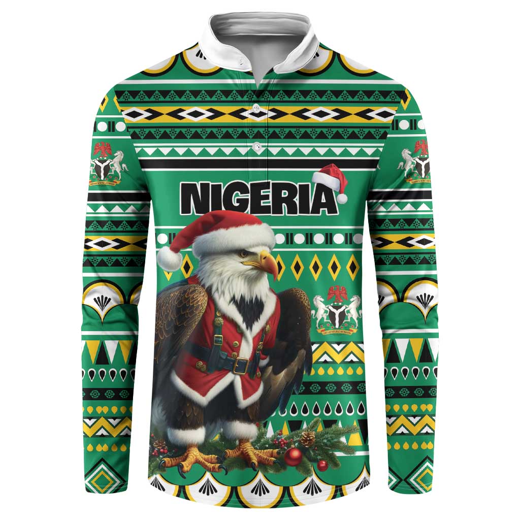 Green Christmas sweatshirt with Nigeria print and eagle-Santa graphic, tribal pattern