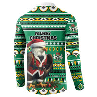 Green Christmas sweatshirt with "Merry Christmas" text and eagle-Santa graphic