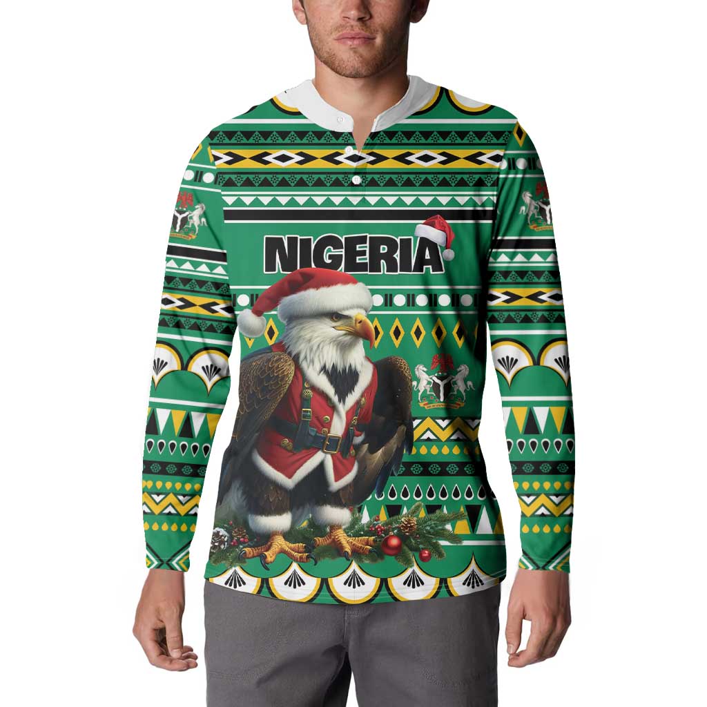 Green Christmas sweatshirt worn on model with Nigeria print and eagle-Santa graphic