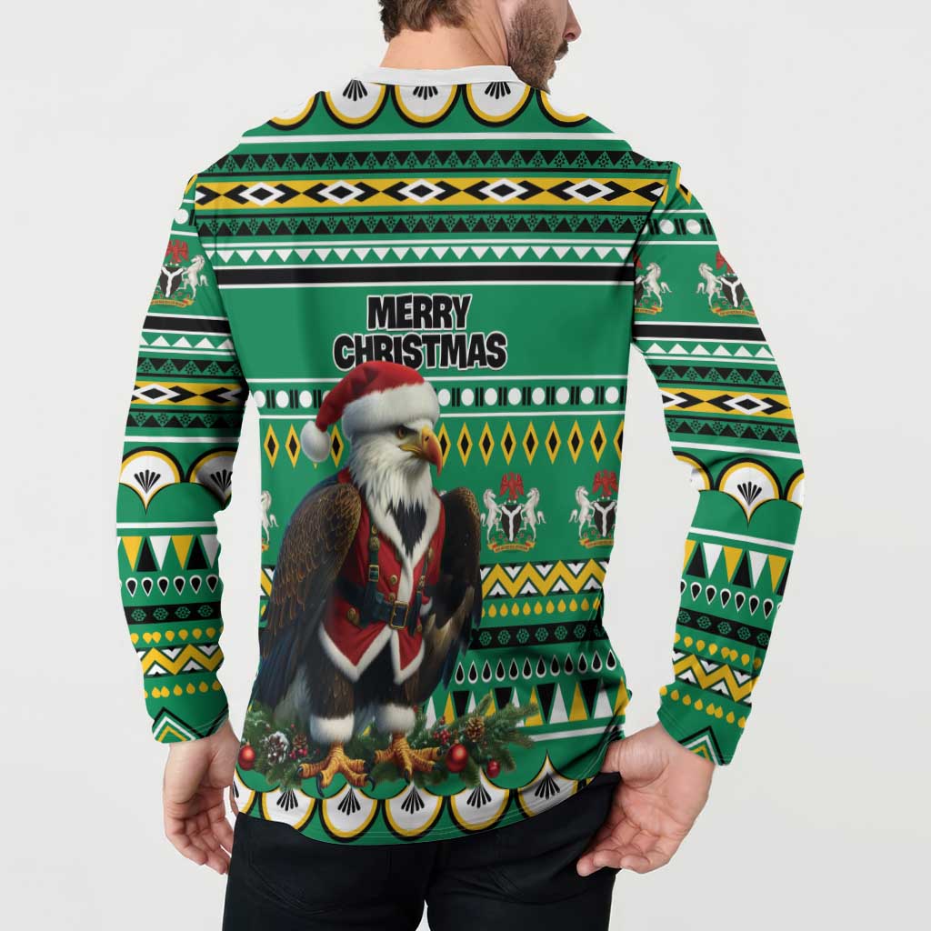 Green Christmas sweatshirt back with "Merry Christmas" text and eagle-Santa graphic