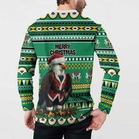 Green Christmas sweatshirt back with "Merry Christmas" text and eagle-Santa graphic