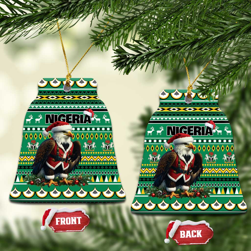 Green ceramic round ornament pair with Nigeria pattern, Santa figure, gold loop, front and back