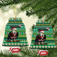 Green ceramic round ornament pair with Nigeria pattern, Santa figure, gold loop, front and back