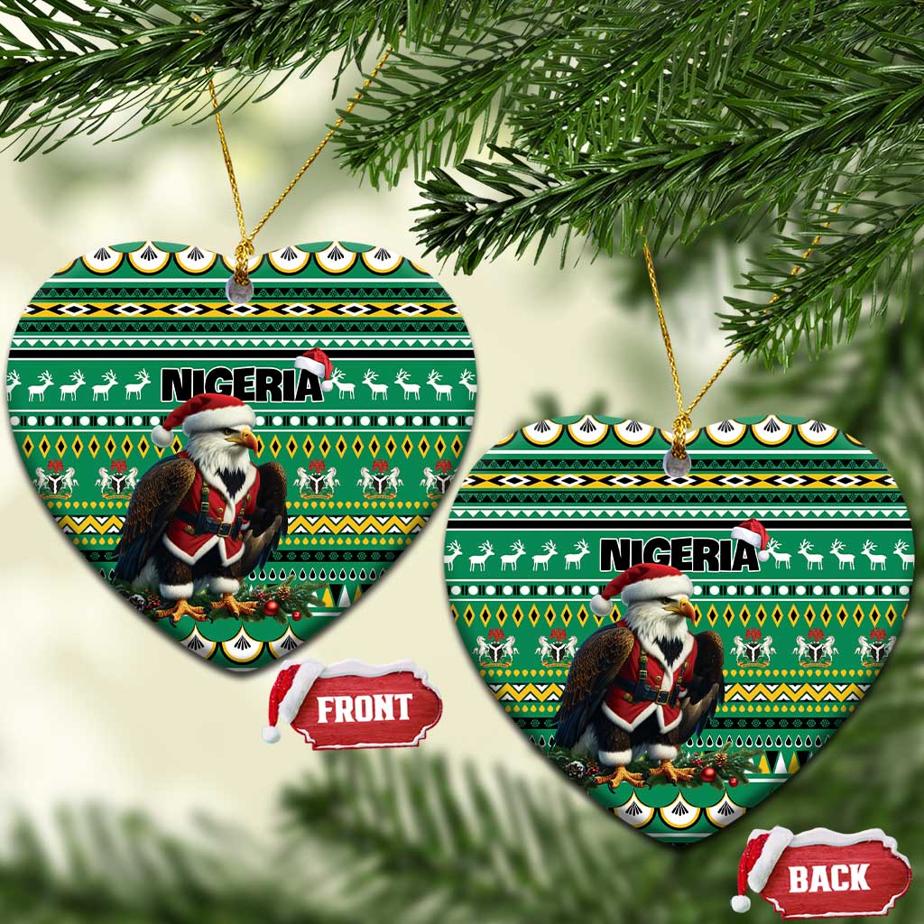 Green ceramic heart-shaped ornaments with Nigeria pattern and Santa figure, gold loops