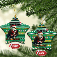 Green ceramic star-shaped ornaments with Nigeria pattern and Santa figure, gold loops