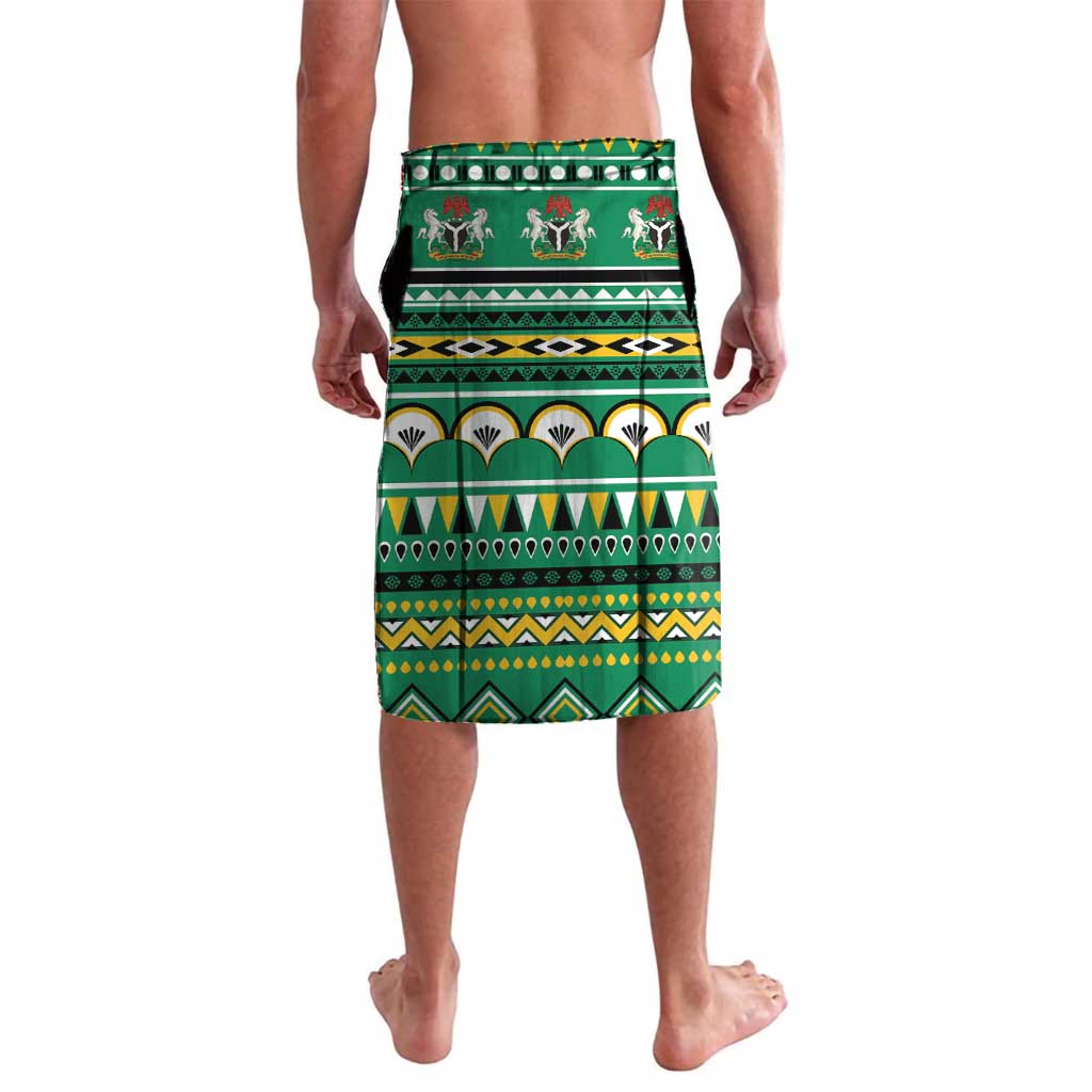 Green wrap-style lavalava shorts with Christmas reindeer, trees, and geometric bands
