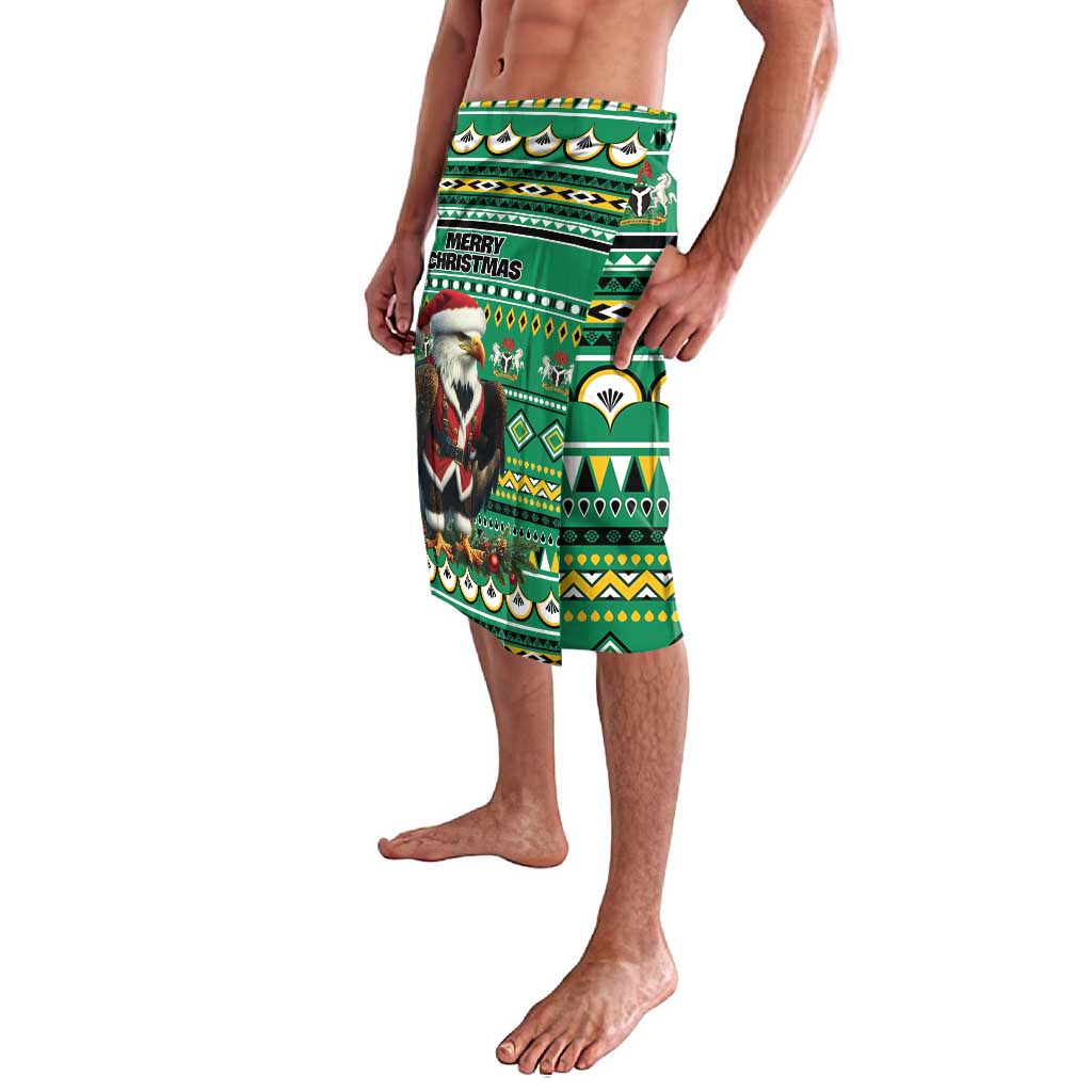 Green wrap-style lavalava shorts with Christmas Santa portrait and Aztec-style stripes