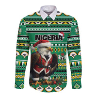 Green long-sleeve button shirt with Nigeria graphic, eagle and Santa, African pattern