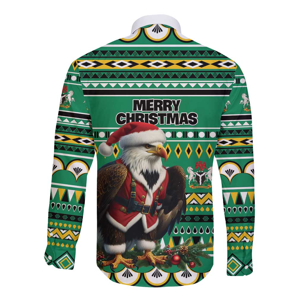 Green long-sleeve button shirt with Merry Christmas text, eagle and Santa, African pattern