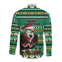 Green long-sleeve button shirt with Merry Christmas text, eagle and Santa, African pattern