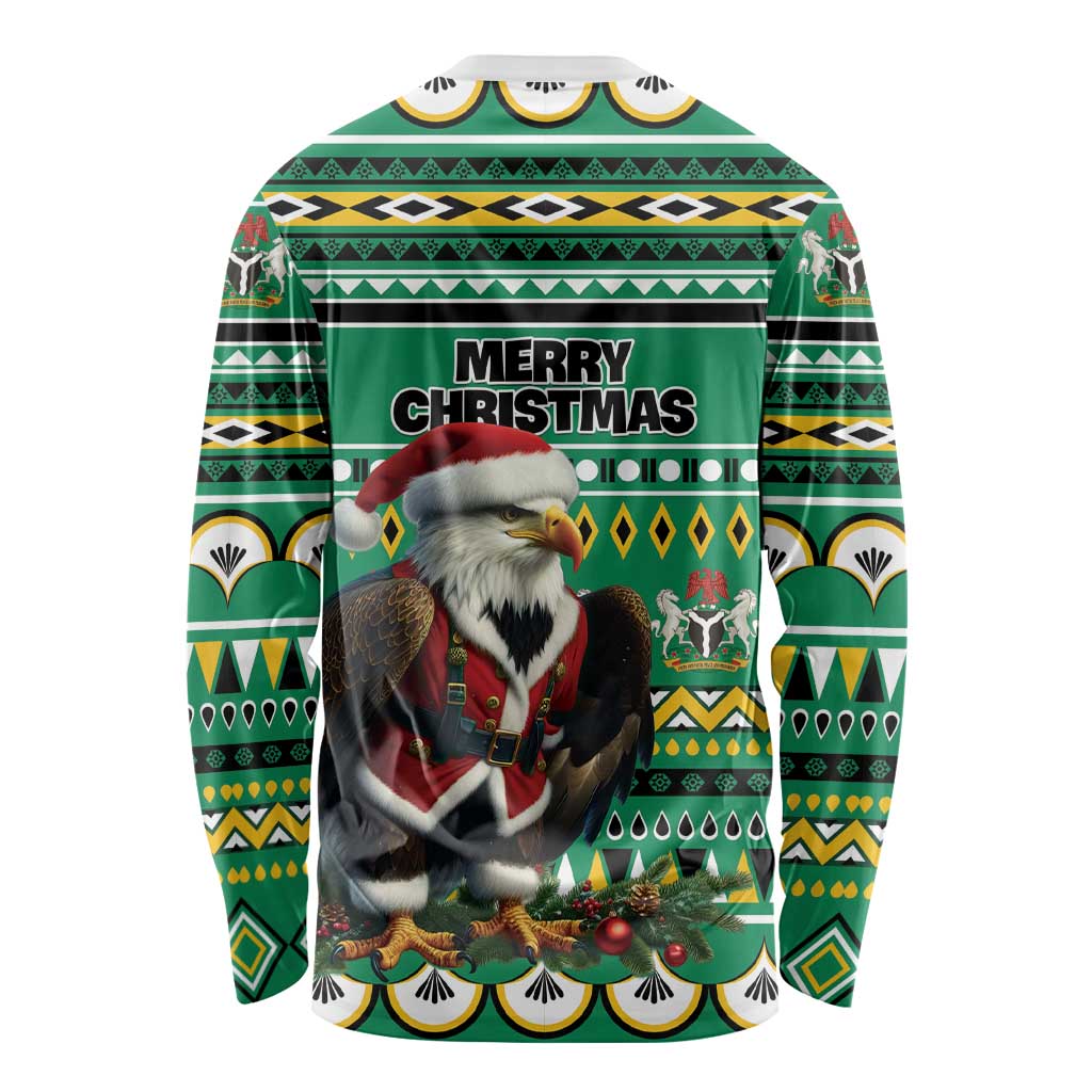 Unisex green long-sleeve Christmas shirt with eagle Santa scene and tribal pattern, Merry Christmas