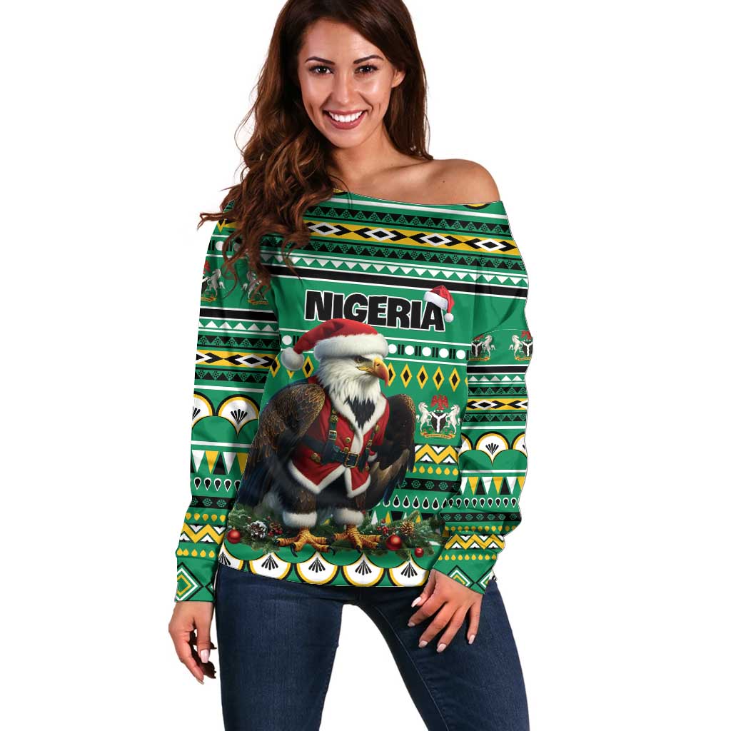 Nigeria Christmas Off Shoulder Sweater Eagle Santa African Pattern