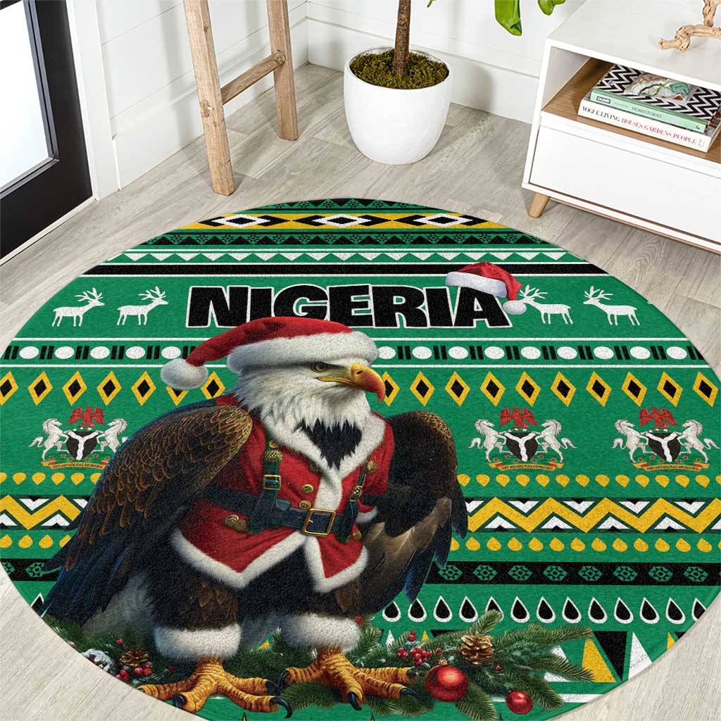 Green round carpet featuring eagle Santa, Nigeria banner text, and festive African motifs