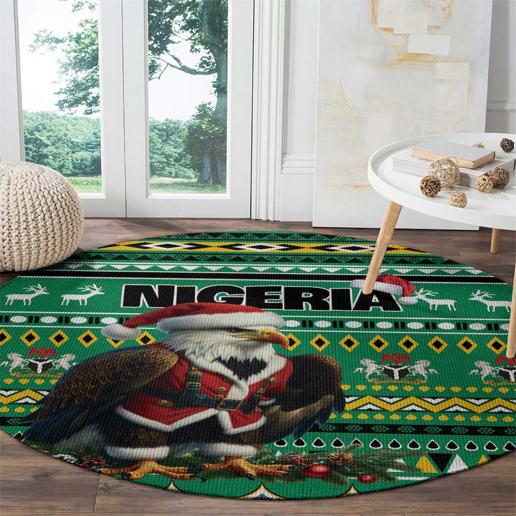 Green round Nigeria carpet with eagle Santa, striped African pattern, and decorative icons