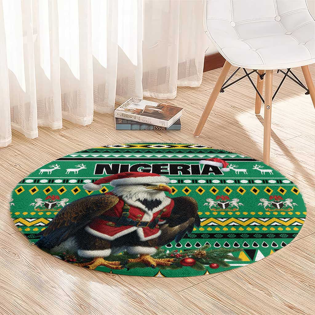 Green round carpet with eagle Santa, Nigeria lettering, and geometric African border pattern