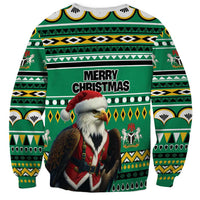 Unisex green Christmas sweatshirt with eagle-and-Santa graphic and 'Merry Christmas' text