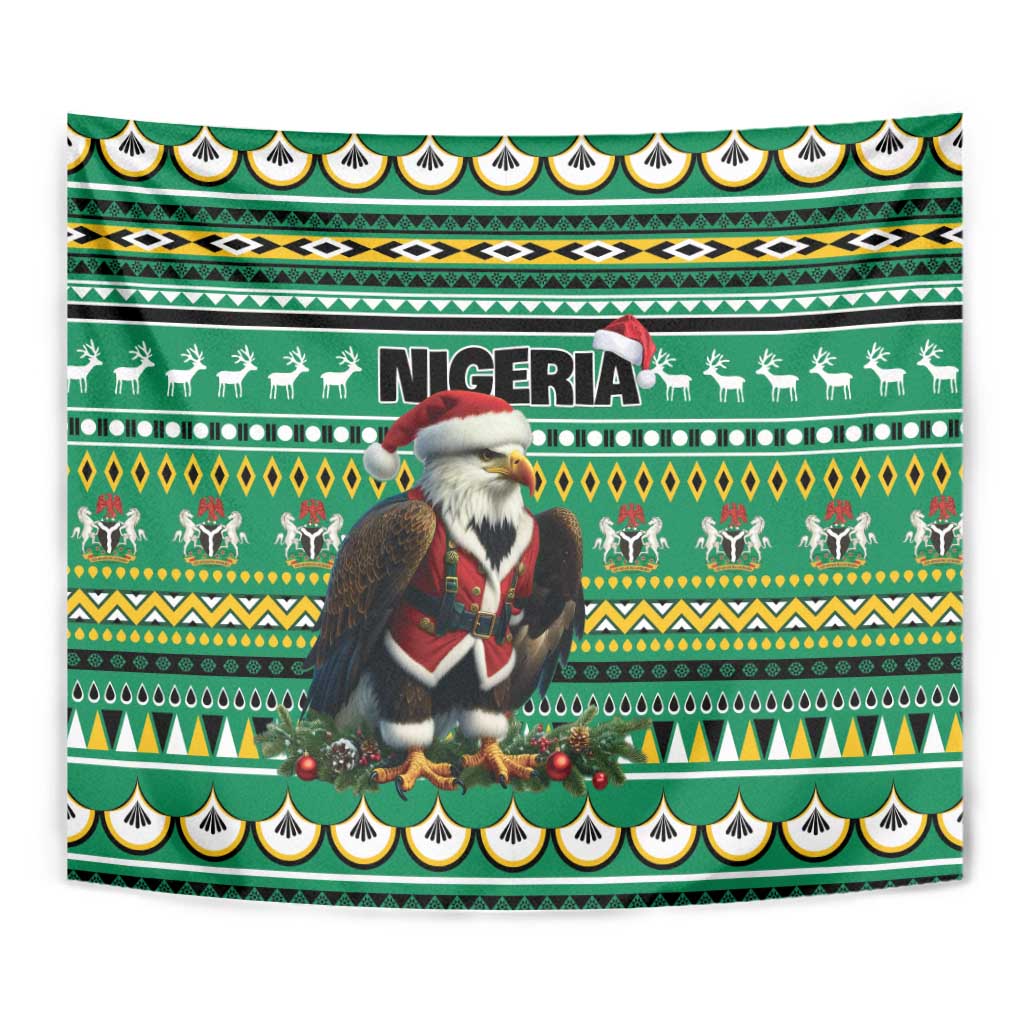 Green Nigeria Christmas tapestry close-up with Santa eagle, 'NIGERIA' center, and striped bands