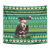 Green Nigeria Christmas tapestry close-up with Santa eagle, 'NIGERIA' center, and striped bands