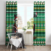 Green festive curtain panels with eagle-and-Santa figures and decorative border stripes
