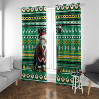 Green Christmas window curtain panels featuring eagle-and-Santa characters and motifs