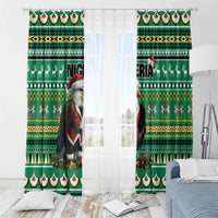 Green Christmas curtain panels with eagle-and-Santa print and scalloped top trim