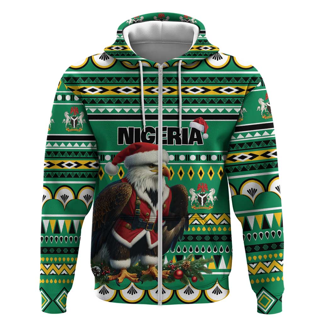 Nigeria Christmas Zip Hoodie Eagle Santa African Pattern - Wonder Print Shop