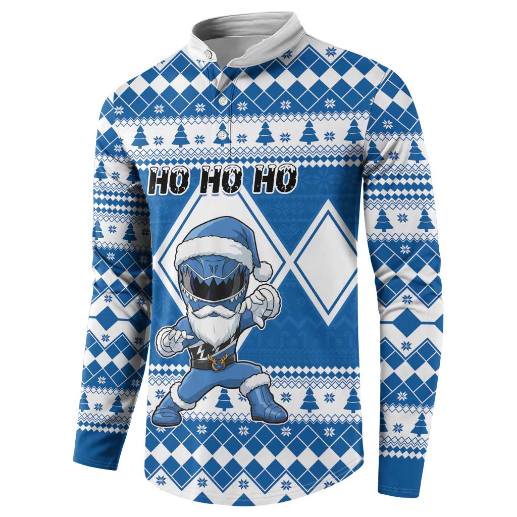 Personalized Power Blue Ranger Santa Claus Button Sweatshirt Funny Christmas - Wonder Print Shop