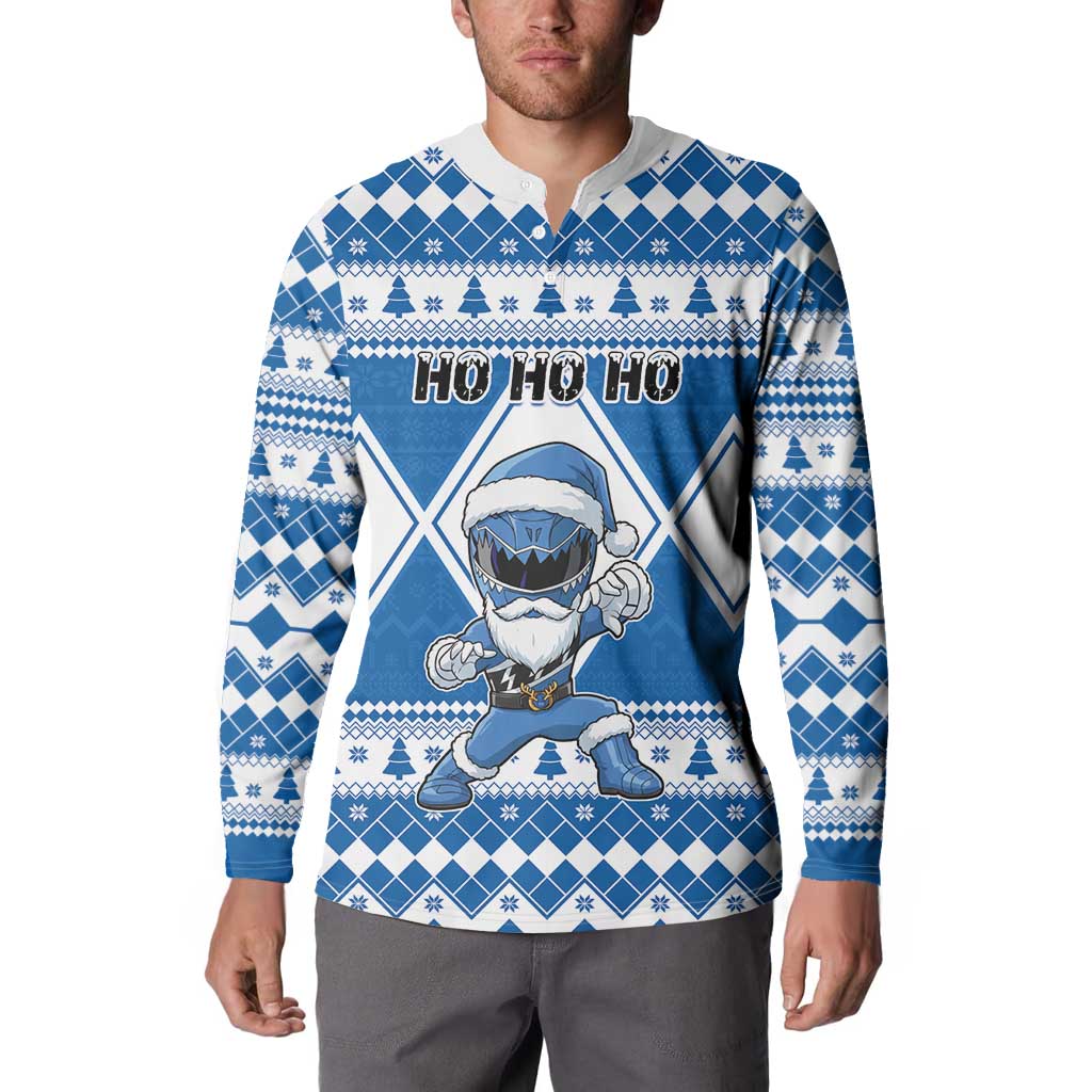 Personalized Power Blue Ranger Santa Claus Button Sweatshirt Funny Christmas - Wonder Print Shop