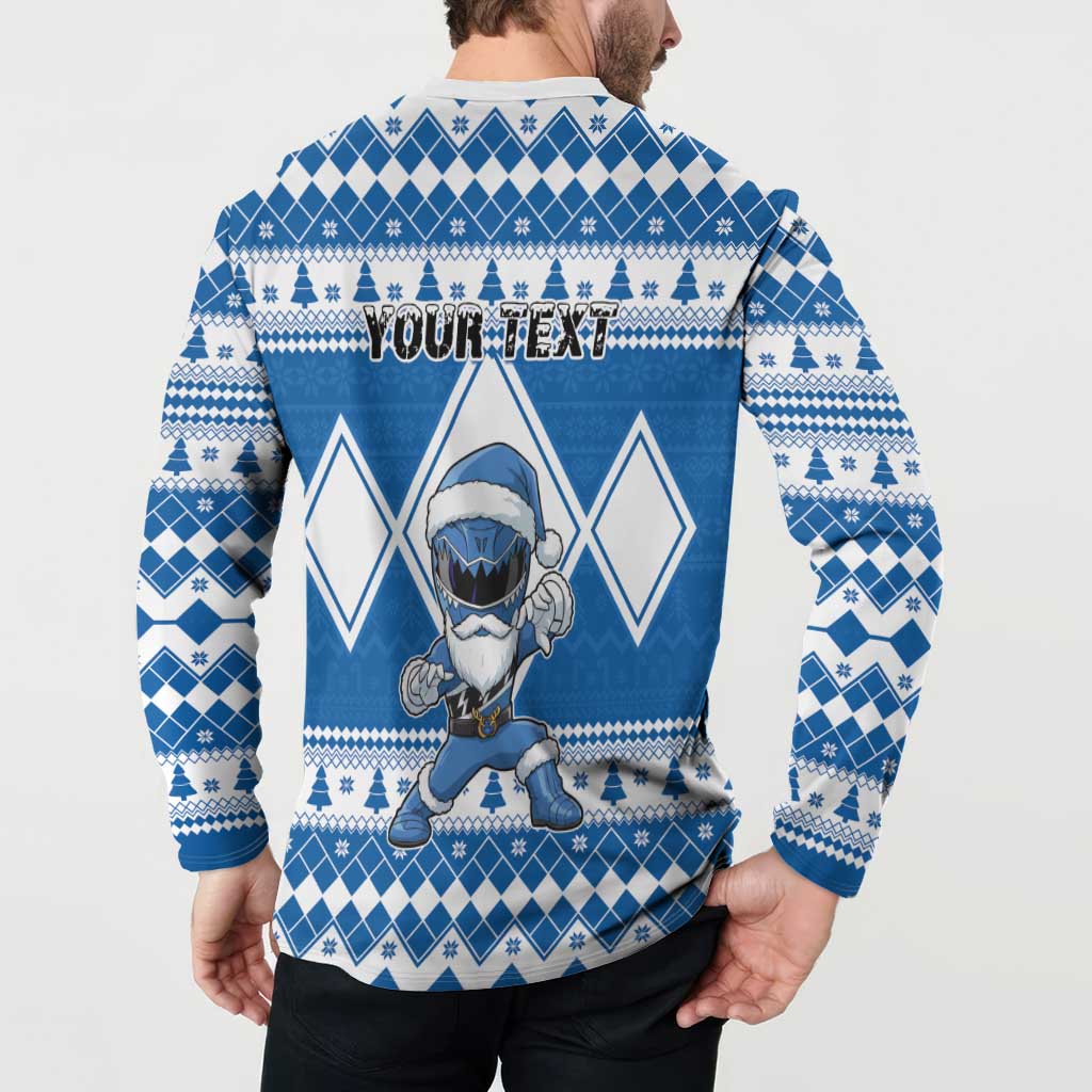 Personalized Power Blue Ranger Santa Claus Button Sweatshirt Funny Christmas - Wonder Print Shop