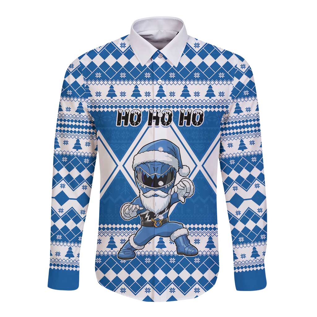 Personalized Power Blue Ranger Santa Claus Long Sleeve Button Shirt Funny Christmas - Wonder Print Shop